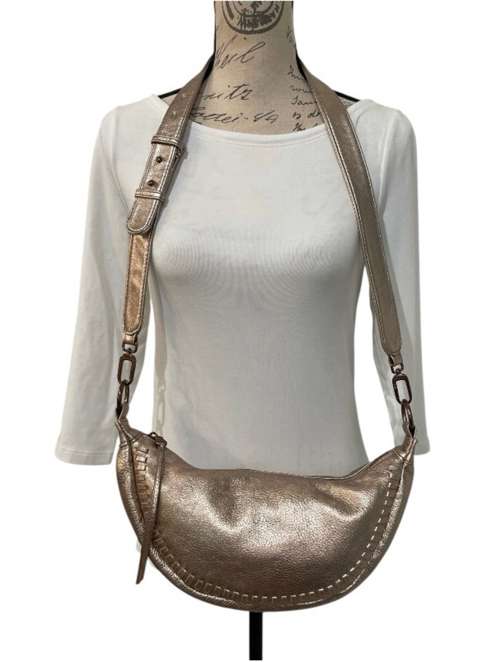HOBO Megan Metallic Champagne Gold Leather Crossbody Bag Whipstitch